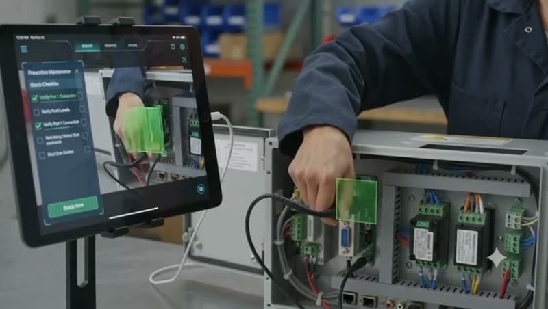 Close-up of the tablet: the technician's hand on a circuit board, outlined by a green detection box, checklist items ticking off