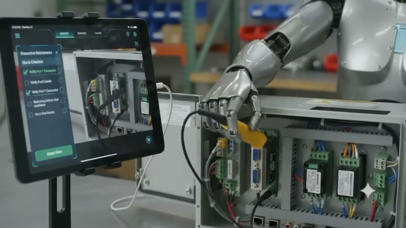 A humanoid robot at the same bench, probing the cabinet with a multimeter
